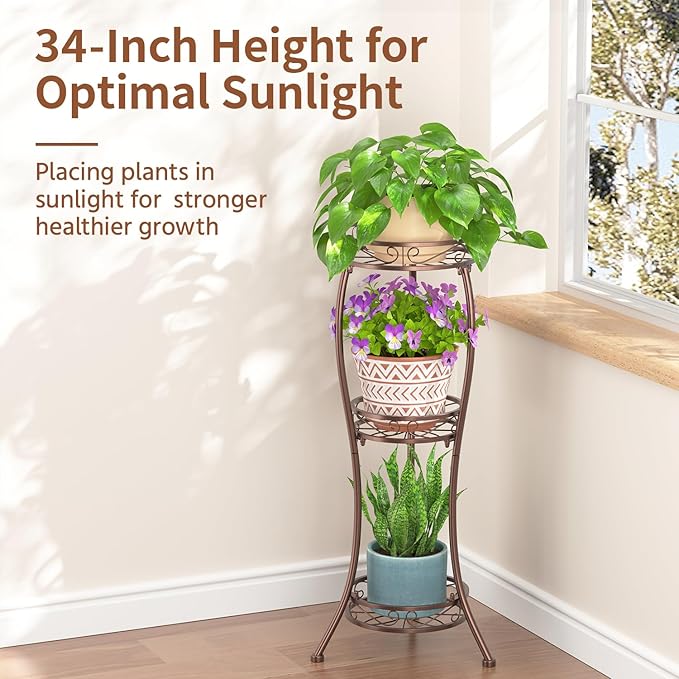 LASZOLA Bronze 3 Tier Tall Plant Stand for Indoor Outdoor, Large Multiple Level Flower Planter Holder Organizer Rack for Patio Office Bathroom Corner Floor, Sturdy Heavy Duty Metal, Vertical Display