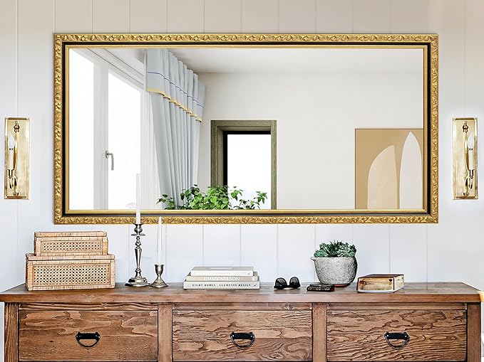 Vintage Large Wall Mirror for Wall, 59'' x 29'' Gold Antiuqe Living Room Mirror with Black Gold Frame, Traditional Ornate Gold Wooden Mirrors, Horizontal/Vertical