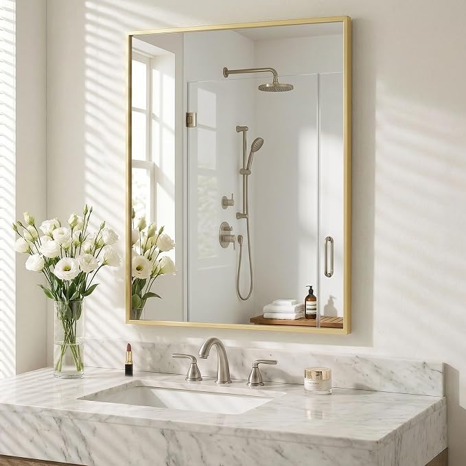 30"x36" Gold Bathroom Mirror for Wall, Shatterproof Tempered Glass, Brass Tone Rectangle Narrow Frame, H/V Wall-Mounted, Ultra-Flush