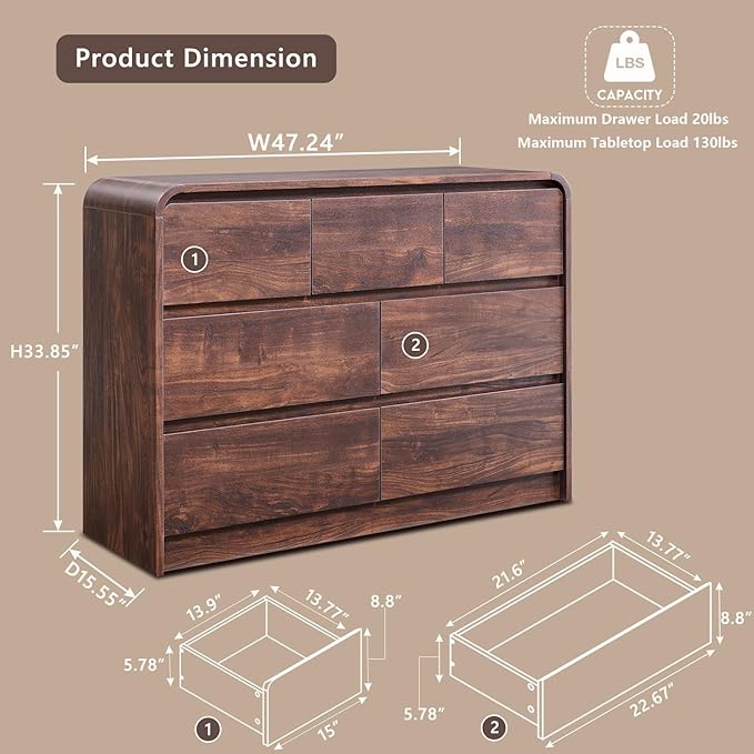 Modern 7 Drawers Dresser for Bedroom, 47" Wide Wood Dressers & Chests of Drawers w/Curved Profile Design, Mid Century Modern Dresser w/Natural Texture for Bedroom, Living Room, Brown