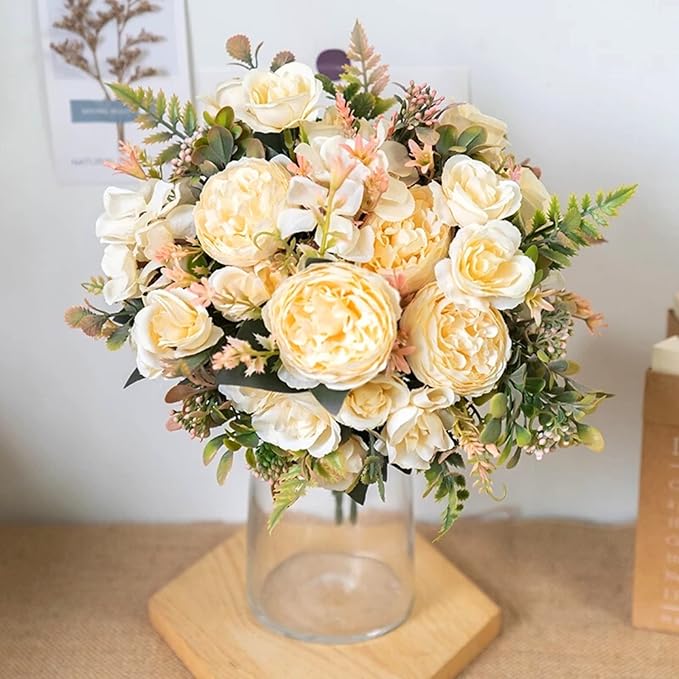 ASTRYAS Artificial Flowers, Small Artificial Peony Silk Flowers Fake Peonies Bouquet Faux Rose Flower Arrangement for Home Party Decoration (Champagne)