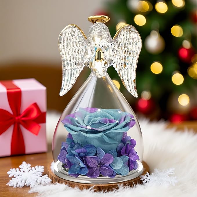 Yamonic Valentines Day Gifts for Her, Angel Figurines with Real Rose Gifts for Her Mom Grandma, Preserved Flowers Rose Angel Figurines for Mothers Day Christmas Anniversary Birthday Gifts for Her