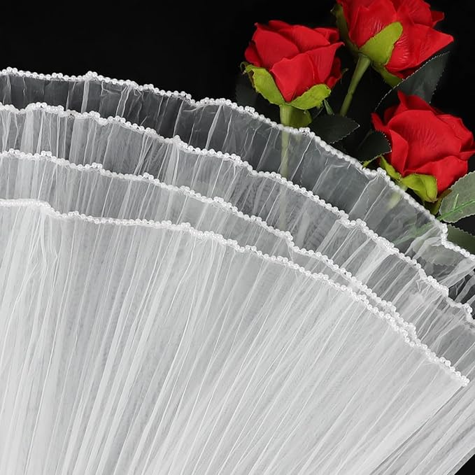 KIMOBER 4.37 Yards White Flower Wrapping Mesh Paper,Pearl Edge Wrinkled Wavy Net Yarn Flower Wrapping Mesh Paper for Valentine's Day Mother's Day Wedding Florist Supplies (White)