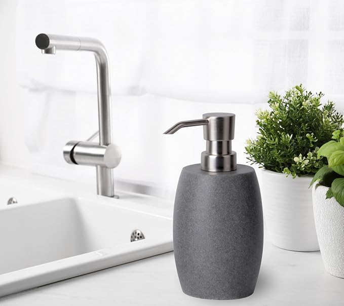 Clasin Home Sandstone Textured Resin Soap Dispenser with Metallic Pump and Waterproof Bottle Labels for Bathroom Kitchen Dish Hand Wash Shower Lotion Shampoo, 12 Oz, Gray
