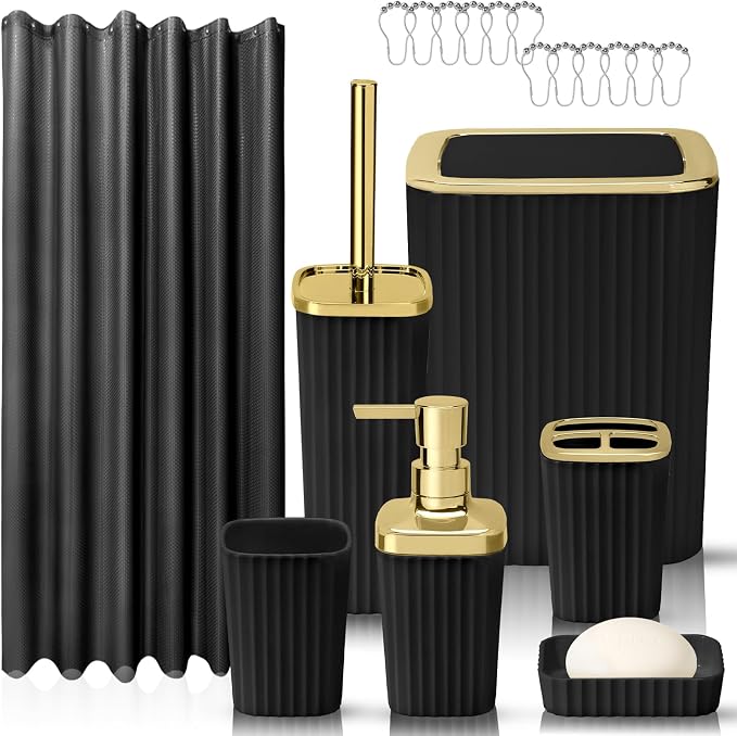 Bathroom Accessory Set, Shower Curtain Set, Toilet Brush, Trash Can & Soap Dispenser (Black Gold, Plastic)