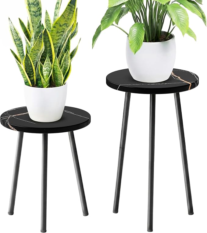 Plant Stand Indoor Tall: Corner Wood Plant Stand 2 Pack Mid Century Modern Decor - Small Round Plant Table for Indoor Plants - Outdoor Plant Holder for Patio Living Room Bathroom Office (Black Marble)