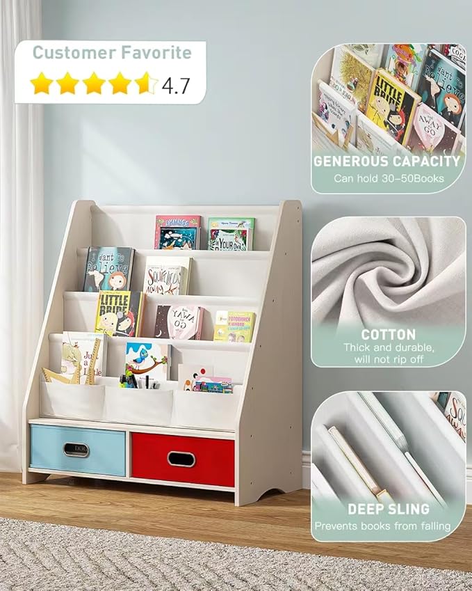 SEIRIONE Sturdy Kids Bookshelf, Tear-Proof Cotton Sling, Eco-Safe Toddler Bookshelf with 2 Cube Bins for Books & Toys, Beige/Wood Texture