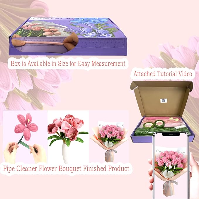 Pipe Cleaners Flower Craft Kit,Chenille Stems Craft DIY Bouquet Making Set with Floral Wires, Gardening Tape, Stamens & Ribbon for Home Decor-Holiday Decorations,Gifts - 400 Pcs (Pink)