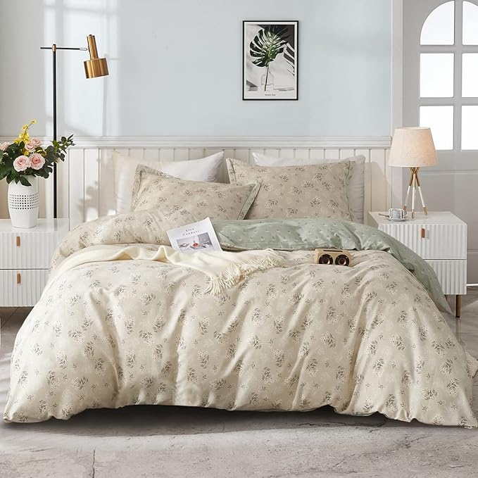 EAVD Twin XL Duvet Cover Boho Floral Duvet Cover Soft 100% Cotton Garden Beige Floral Bedding Set with 2 Pillowcases Chic Botanical Duvet Cover with Zipper Closure 4 Ties (EAVD00142-TXL)
