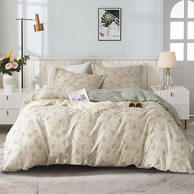EAVD Garden Style Botanical Floral Duvet Cover Twin Soft 100% Cotton Floral Bedding Set for Girls with 2 Pillowcases Chic Shabby Boho Floral Comforter Set with Ziper Closure(NO Comforter)