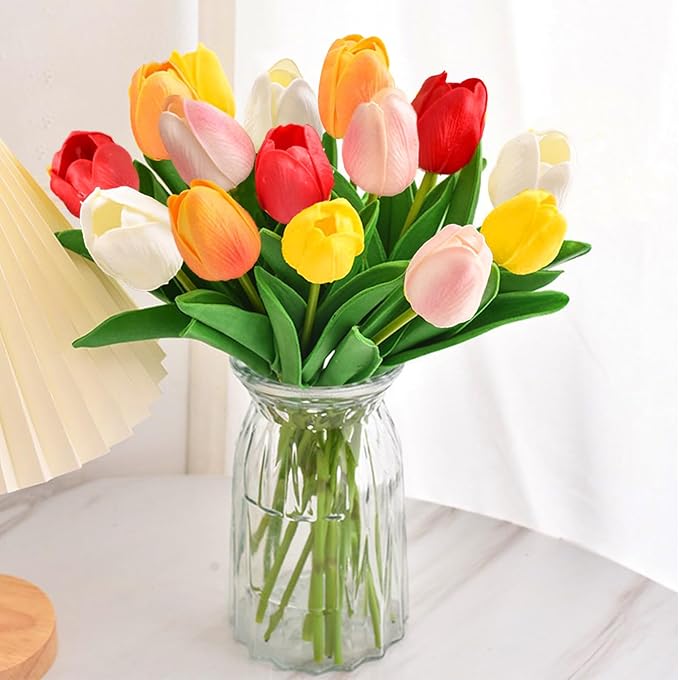 15PCS Artificial Tulips Flowers,Real Touch 14" Silk Fake Tulips,Bulk Fake Flowers,Faux Flowers,Artificial Flowers for Home Kitchen Office Dining Room Wedding Decorations (Colorful)
