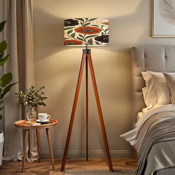 Wood Tripod Floor Lamp Boho Brown Green Orange Peony Floral Vintage Peony Flowers Various Mid Century Standing Lamp Linen Shade Dimmable Modern Tall lamp Home Decor for Living Room Bedroom Office