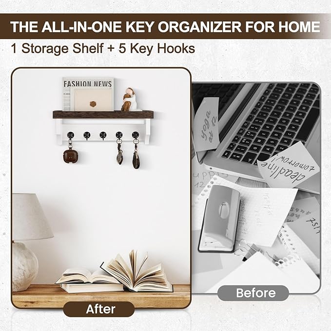 Lucundm Key and Mail Holder Wall Mount, Key Holder with Shelf and Mail Organizer Wall Mount. Mail Holder with 5 Hooks for Coat, Dog Leash, Home Decor Rack, Entry Way Organizer (Brown & White)