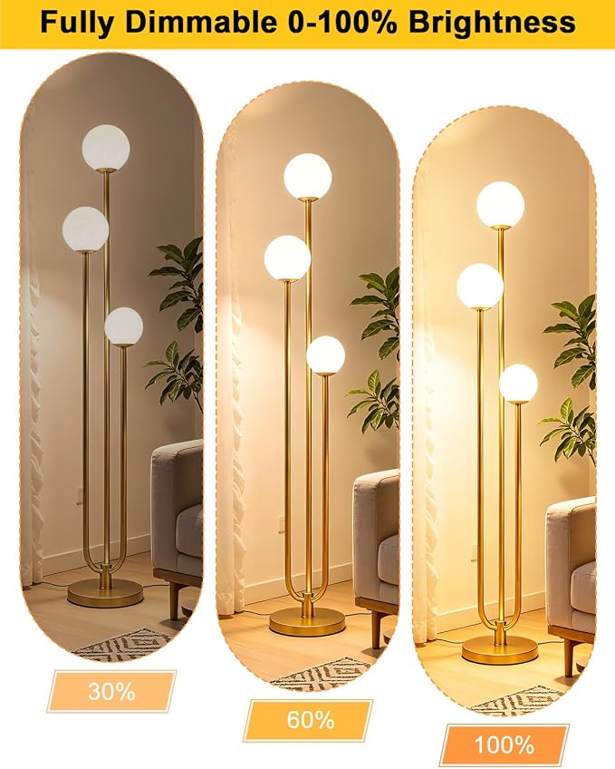 63IN 3-Light Dimmable Floor Lamp, Unique Gold Tall Standing Lamps with 3000K G9 Bulbs for Reading, Mid Century Modern Floor Lamp with 5Lbs Heavy Base for Living Room Bedroom Home Office