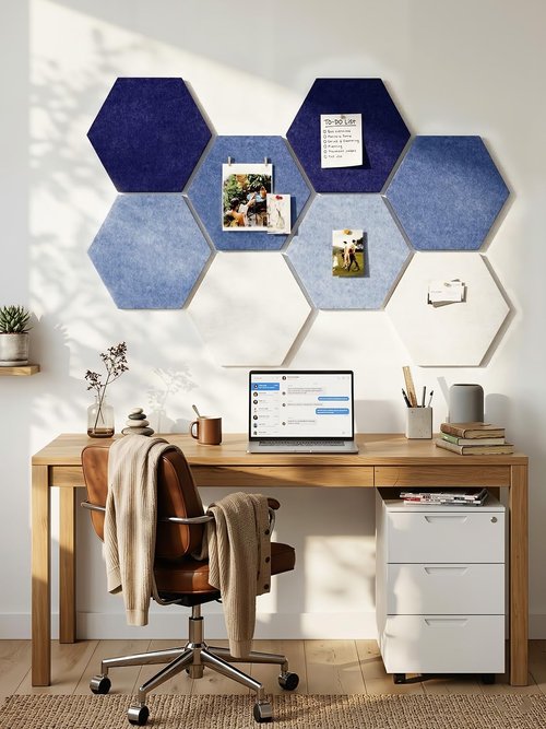 Hexagon Felt Bulletin Board Tiles by [Brand Name] - 12" Large Thick Pin Board for Home & Office Decor | 8 Pack with 30 Push Pins