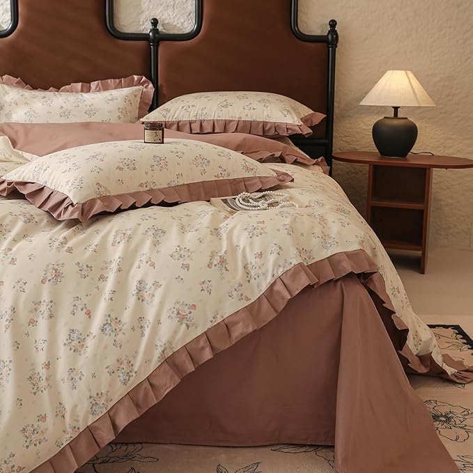 LifeTB Vintage Flower Duvet Cover Set Queen Romantic Girls Ruffle Comforter Cover Princess Lace Bedding Set 100% Cotton Girls Floral Duvet Cover with 2 Pillowcases Botanical Cottagecore Bedding Set
