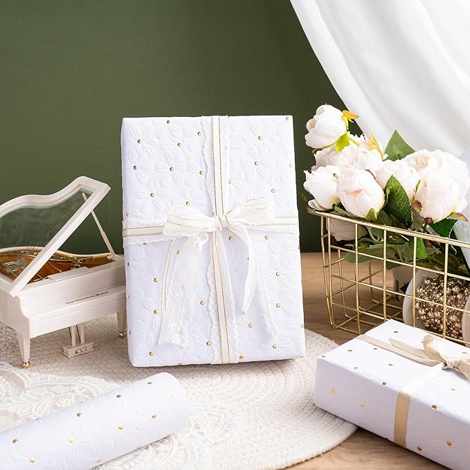 RUSPEPA White Wrapping Paper Roll, Mini Roll, Flower with Gold Dot Design Perfect for Wedding, Birthday, Anniversary, Bridal Shower, 17 Inches x 16.4 Feet
