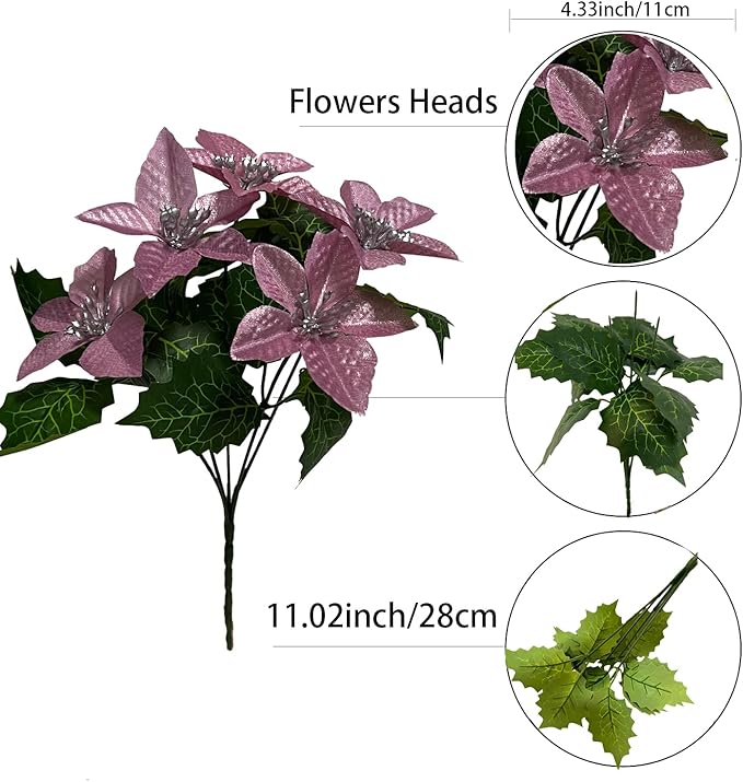 8 Pack 5 Heads Christmas Artificial Poinsettia Flowers Faux Poinsettia Bush Bouquets Silk Poinsettia Christmas Tree Ornaments Poinsettia Flower Arrangement for Home Decor