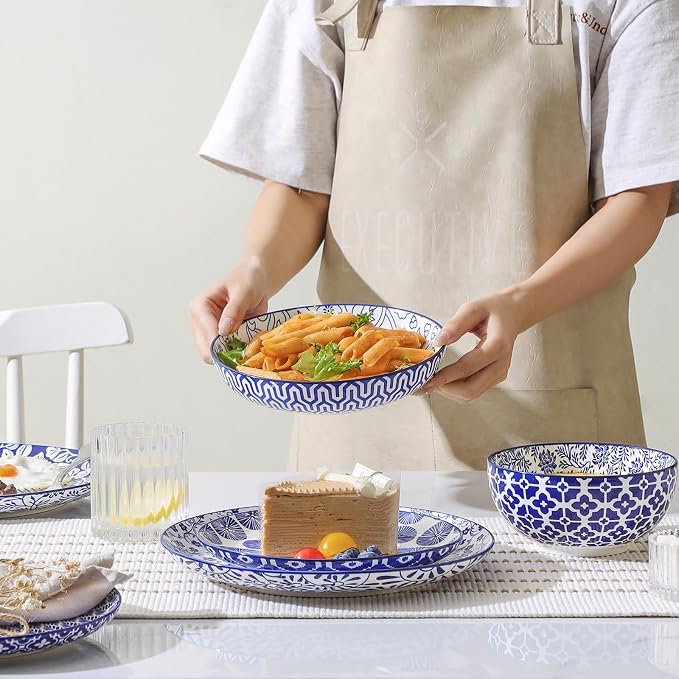 Selamica Ceramic Plates and Bowls Sets,32 Pieces Dinnerware Sets for 8,Scratch Resistant Dish Set for family gathering,Dishwasher & Microwave Safe, Vintage Blue