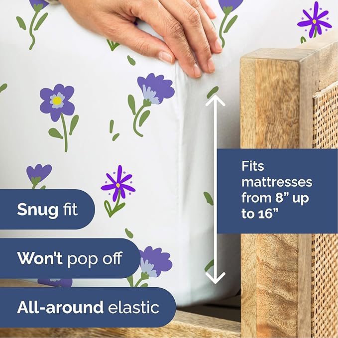 Floral Sheets - Purple Floral Bed Sheet Set - 1 Flat, 1 Fitted & 1 Pillowcase w/ Deep Pockets - Comfy, Wrinkle & Fade Free - Boho Botanical Bedding - Ultra-Soft, Breathable & Cooling - Twin Size Set