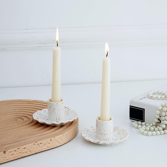 Ceramic Taper Candle Holders for Table Centerpiece, Decorative Candlestick Holders for Home Wedding Party, Housewarming Gifts, Pack of 2, Round Shape, White with Brown Splatter Ink Design