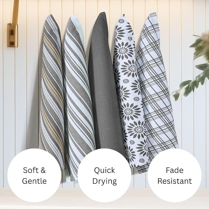 WeWove Assorted Kitchen Towels Set of 5-100% Cotton Dish Cloths Towels with Hanging Loop - Soft Absorbent Washable Reusable for Kitchen Use - Quick Drying 16x26 inch Dish Towels Grey
