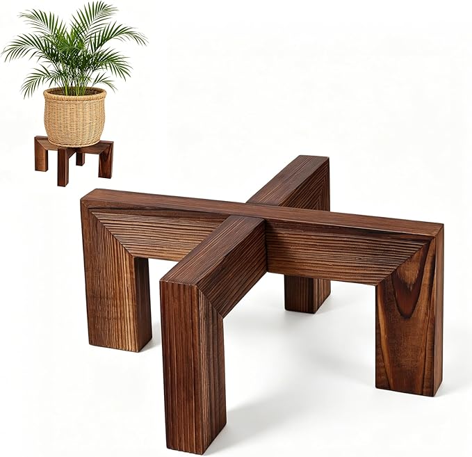 Wood Plant Stand Indoor Outdoor, Mid Century Modern Planter Holder, Sturdy Plant Pot Stand, Single Floor Flower Pot Holder (Walnut, Fit 5-10 Inch Pots)