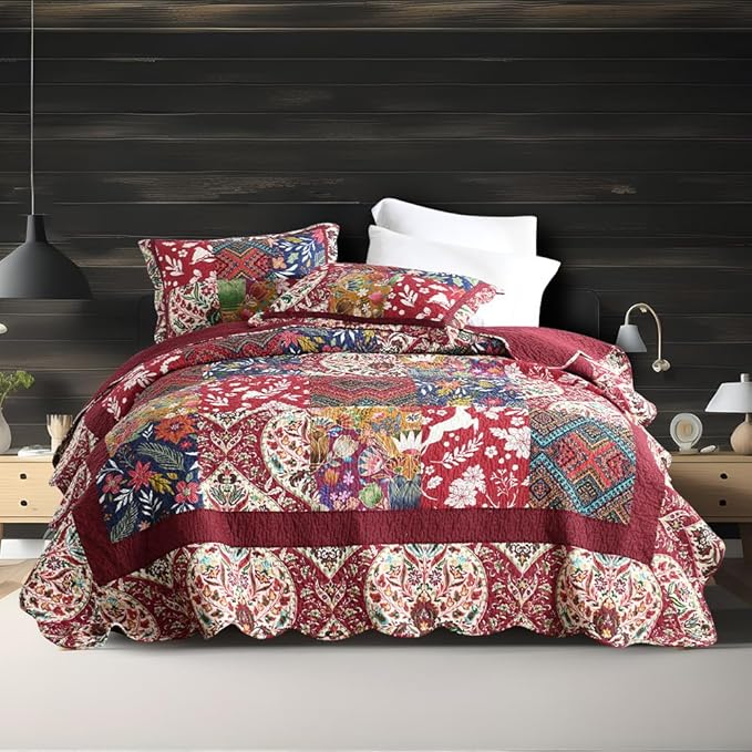 ENASAL Cotton Bedspread Quilt Sets Reversible Bedding Coverlet Sets Comforters Vintage Luxury Damask Floral Real Patchwork Burgundy Bedspread,Queen Size