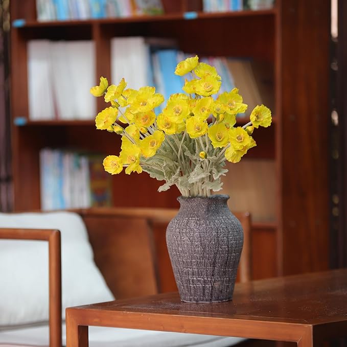 12PCS Poppy Flowers Artificial 13" Real Touch Stems Faux Poppies Silk Flowers for Home Decor Indoor (Yellow)
