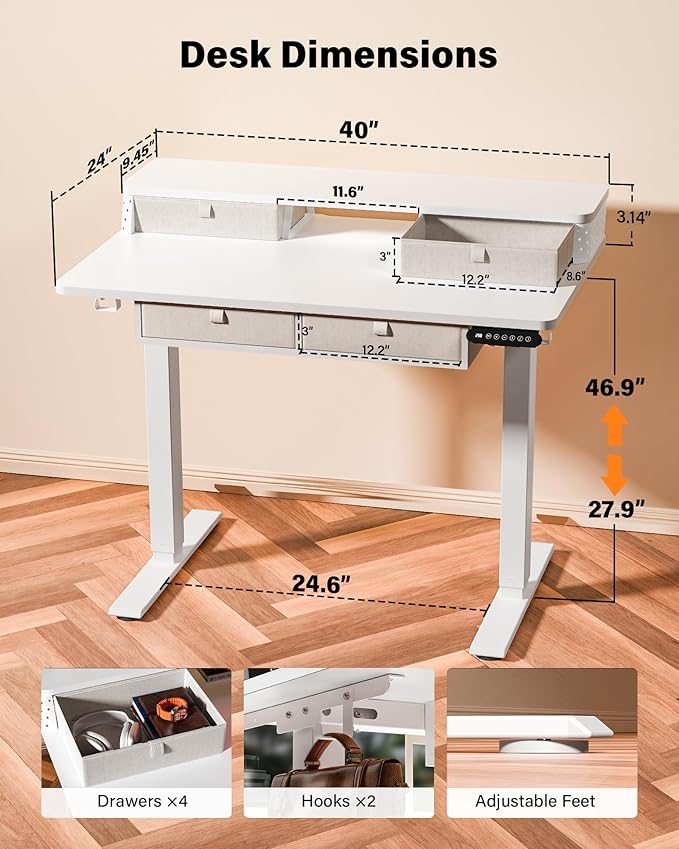 FiCiHi Adjustable Height Standing Desk with 4 Drawers,40 x 24 inches Electric Sit Stand Home Office Desk with Two Tiers, 3 Memory Presets, Monitor Stand Riser, C-Clamp Mount Compatible