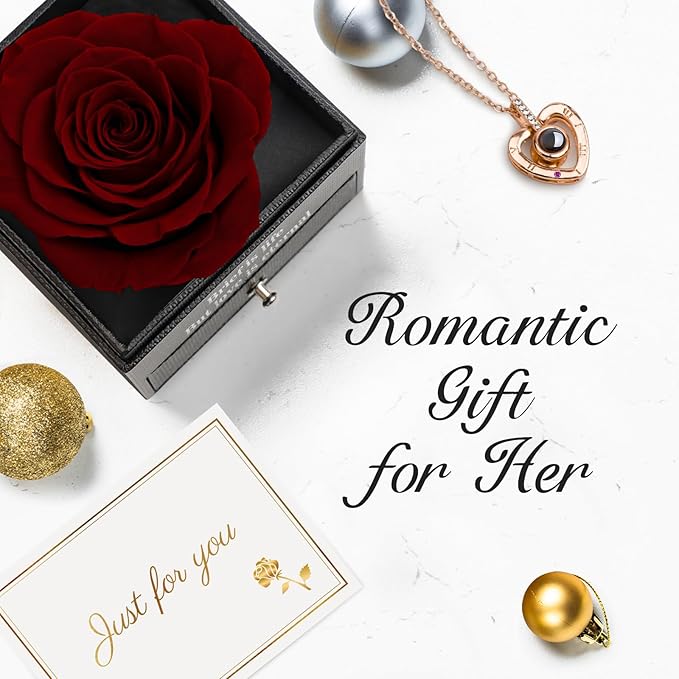 for Her Preserved Real Rose with I Love You Necklace in 100 Language, Girlfriend, Eternal Real Rose Flower Gifts for Women Mom Wife on Valentines Birthday Anniversaries