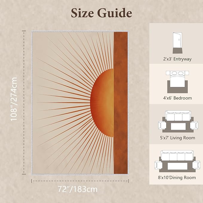 Sunburst Area Rug 6x9, Retro Sun Design Rug, Mid Century Modern Carpet for Living Room Bedroom, Soft Non Slip Washable Area Rug