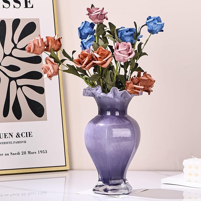 9.5" Tall Purple Glass Vase Beautiful Hand Blown Glass Decor Flowers Vases for Centerpieces, Modern Murano Glass Art Purple Vase, for Home Decor Table Entryway Wedding Decoration