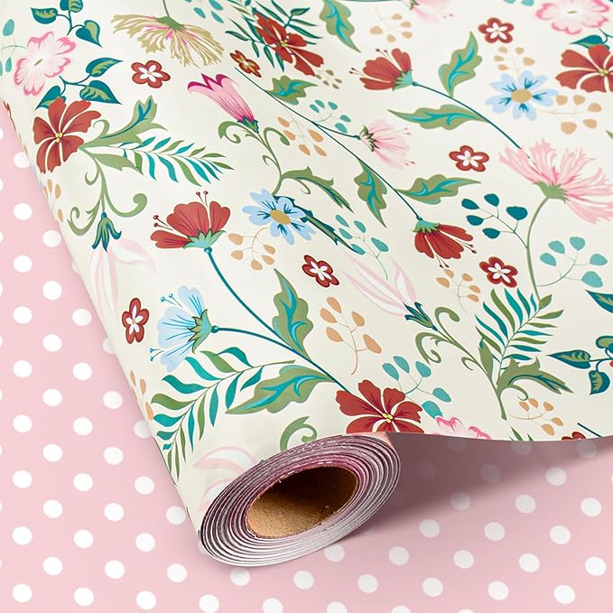 Merture Floral Wrapping Paper Roll with Pink Polka Dots Reverse- 17 In X 32.8 Ft(46.5 sqft) Vintage Warm Flower Design Gift Wrap for Mothers Day, Valentines Day, Birthday, Wedding, Anniversary