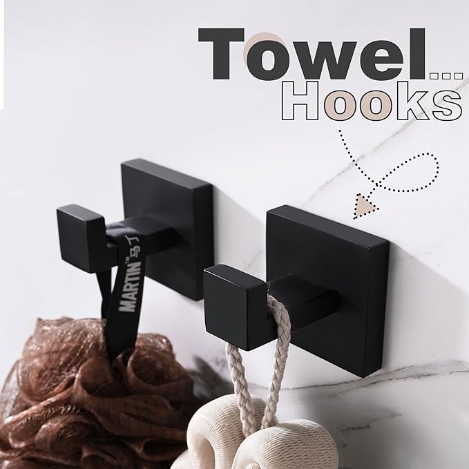 LANC Black Towel Hook for Bathroom Wall Hook, Heavy Duty SUS304 Stainless Steel Kitchen/Bathroom Hook, Matte Black Robe Hook for Hanging Towels,Clothes,Coat,Sponges, A8805MB