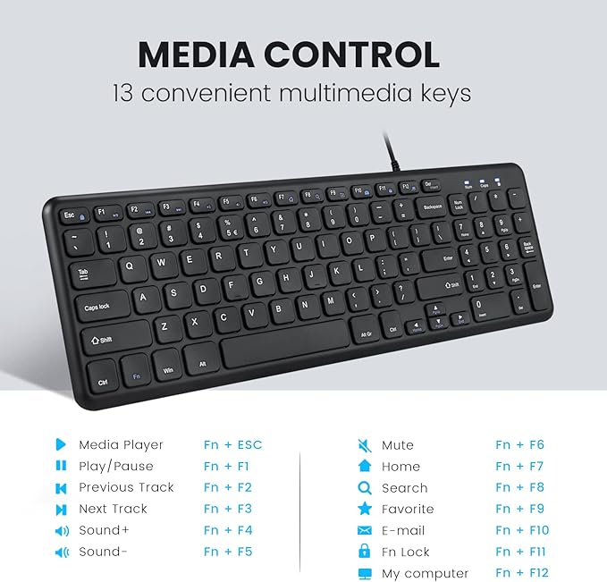 Perixx PERIBOARD-213C Wired Silent USB-C Scissor Keyboard - 14.45x4.76x0.71 Inches Compact Design with Number Pad - Black - US English
