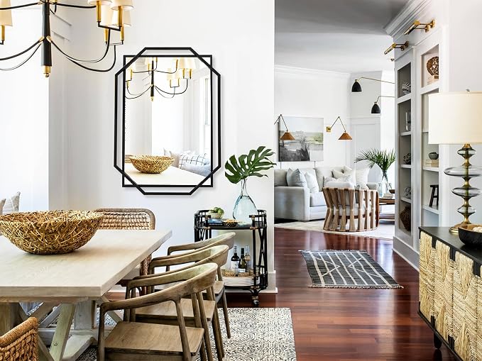 Decorative Wall Mirror, 40" x 28" Black Frame Bathroom Mirror for Wall with Modern Metal Octagonal, for Living Room, Dining Room, Entryway