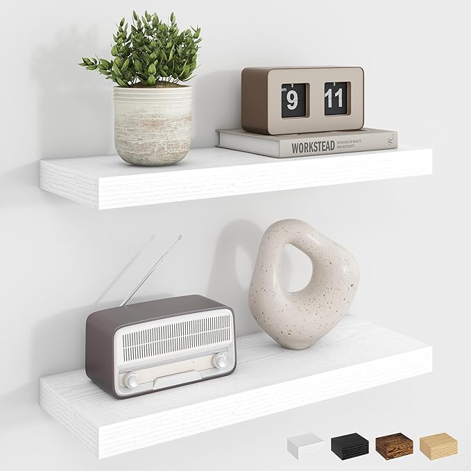 Dreamland Floating Shelves, 20Inch Rustic Wooden White Wall Shelves for Bathroom|Bedroom|Kitchen, Deep Wall Mounted Book Shelf, Wood Storage Display Shelf for Home Decor, Set of 2