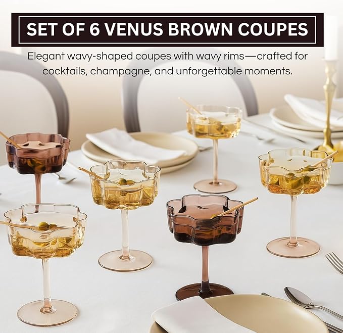 Venus Flower Scalloped Vintage Wavy Petals Wave Glass Coupes 7oz Colorful Martini, Champagne & Cocktails, 6 Set Brown Amber Shades Rippled Champagne Glasses, Elegant Bar Glassware, Aesthetic Coupe