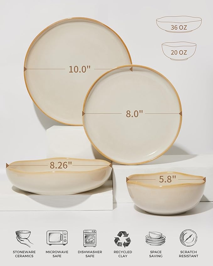Pokini 32 Piece Dinnerware Set for 8 with Pasta Bowls, Yellow White Reactive Glaze Stoneware | All‑in‑One Host Set for Entertaining, Holiday Meals, Multi‑Course Dish Set | Unique Irregular Look