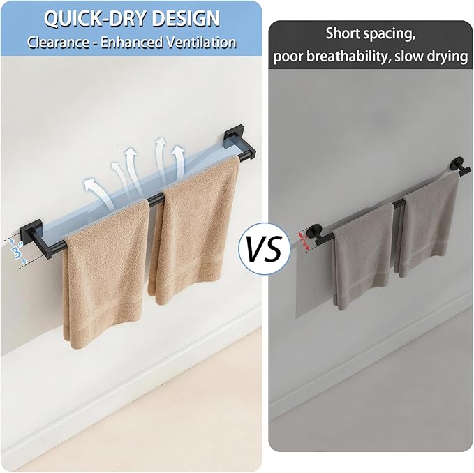 MKO Towel Bar for Bathroom, 24" Hand Towel Holder Rod with Metal, Black Towel Racks for Bathroom Hanger Wall Mounted for Home Essentials, 2 Pack