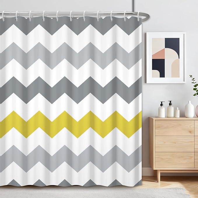 Grey Yellow Striped Shower Curtain, Chevron Zigzag Geometric Pattern Shower Curtains for Bathroom with Hooks, Hotel Style Waterproof Polyester Fabric Shower Curtain Set, Weighted Hem, 72x72 Inch