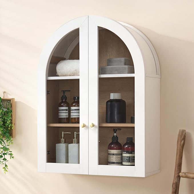 Bathroom Arched Wall Cabinet Over The Toilet Storage Cabinet, 23.6×31.4 Inch Bathroom Medicine Cabinet Wall Mount with Adjustable Shelves & Glass Door, Space Saver Wall Cabinet, White