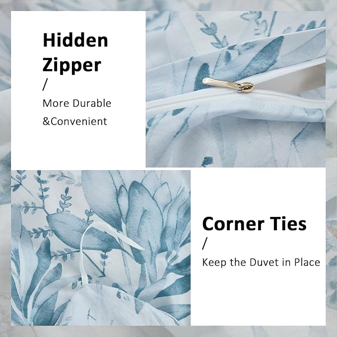 100% Cotton Duvet Cover King Size 3 Pieces, Blue Leaf Duvet Cover with Zipper Closure, Soft Floral Bedding Set White and Blue for All Season, Breathable, Ultra Soft