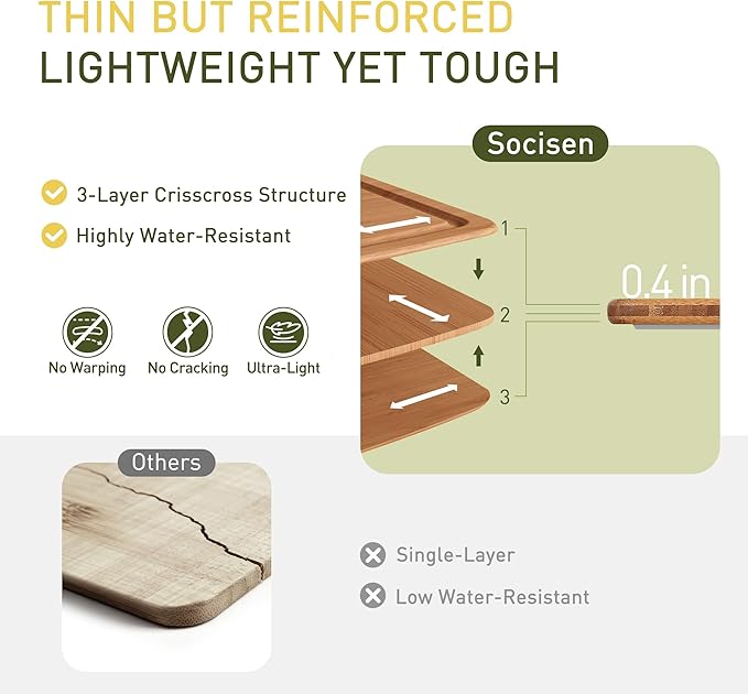 Lightweight Durable Bamboo Cutting Board with Non-Slip Feet, Reversible Wood Cutting Board with Juice Groove Easy to Store & Clean, Water-Resistant Ideal Kitchen Gift for Home Cooks