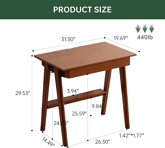 100% Solid Rubber Wood Desk Home Office Desk Mid Century Modern Writing Computer Desk with Drawer for Home Office 31"