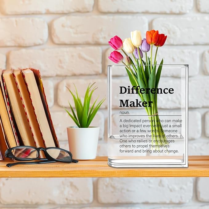 Difference Maker Bosses Day Gifts for Women Men Funny Office Decor for Women Wooden Acrylic Book Flower Vase National Boss Day Decorations Gifts for Leader HR Men Manager Office Bookshelf Desk Decor