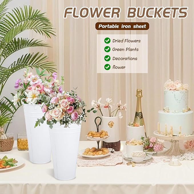 Flower Bucket for Flower Bar, 6 Pcs 10.2 Inch Metal Vases with Handles, Leak-Proof White French Buckets for Valentine's Day, edding Centerpieces, Baby Shower, Mother's Day, Farmhouse Rustic Home Decor