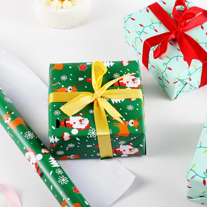 Miss DuiDui Green Red Christmas Wrapping Paper, 3 Rolls, 17 inch x 9.8 ft, Holiday Santa and Reindeer Design for Girls Kids Boys, Christmas, Party, Holiday