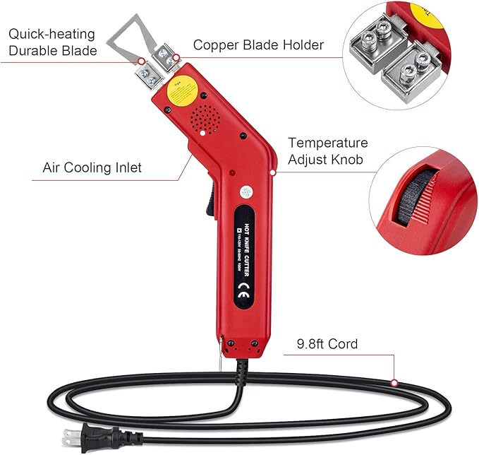 Toemics Electric Hot Knife Foam Cutter – 100W Styrofoam Cutting Tool, 4 Adjustable 50-500°C Blades for Polystyrene, Sponge, Crafts, and Insulation (Red)